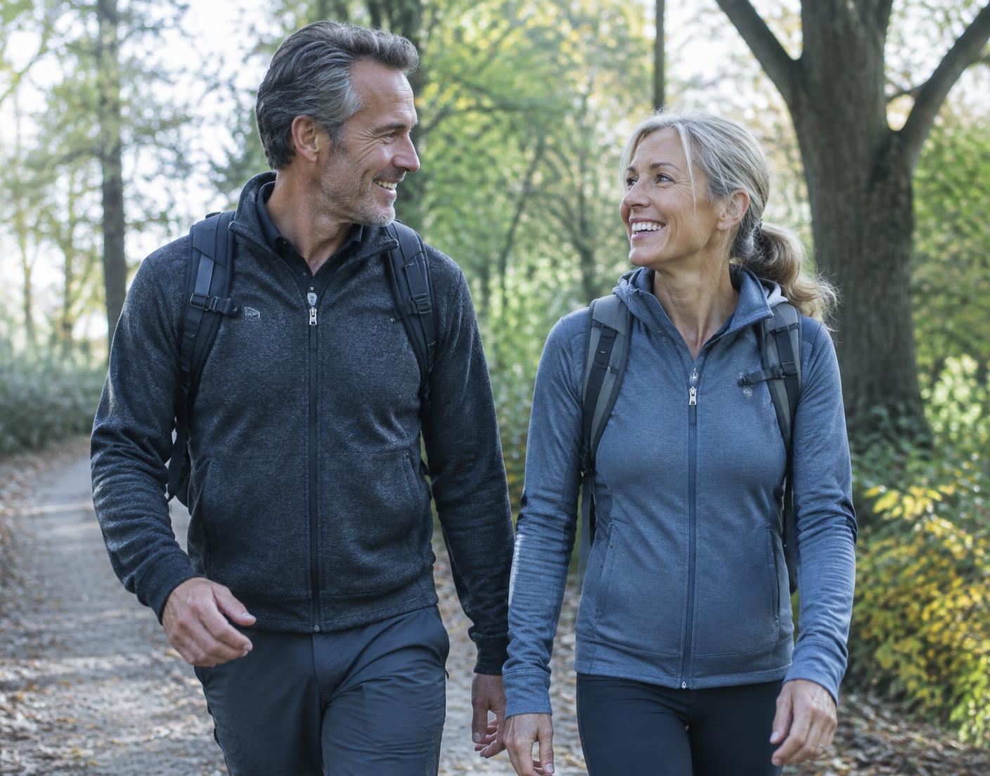 An active couple in their fifties walking and smiling together in a park