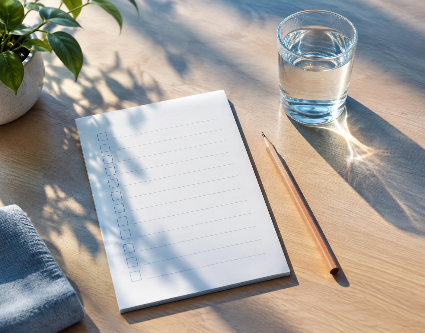 A simple daily checklist and a glass of water on a morning table