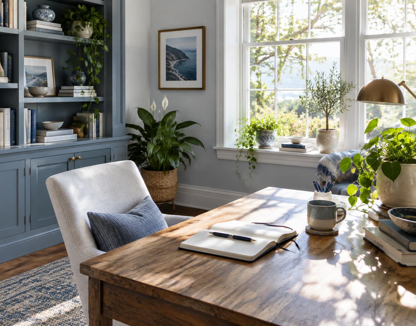 A bright plant-filled home office with an open notebook on the desk