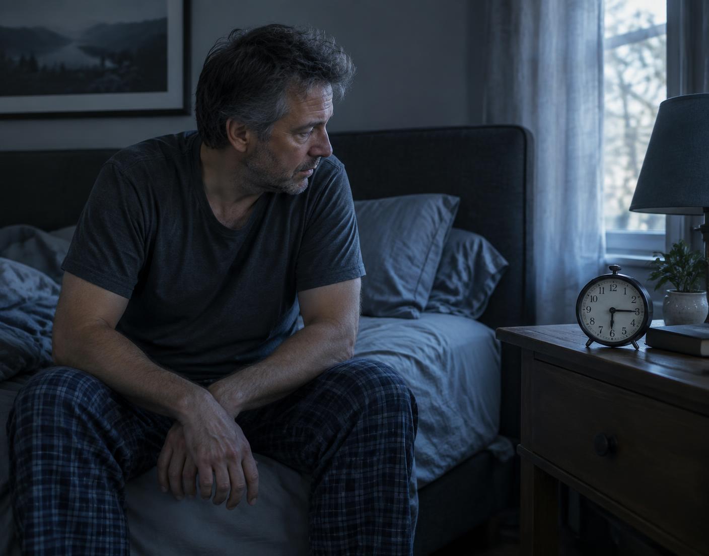 An adult sitting at the edge of a bed in early morning light beside a clock