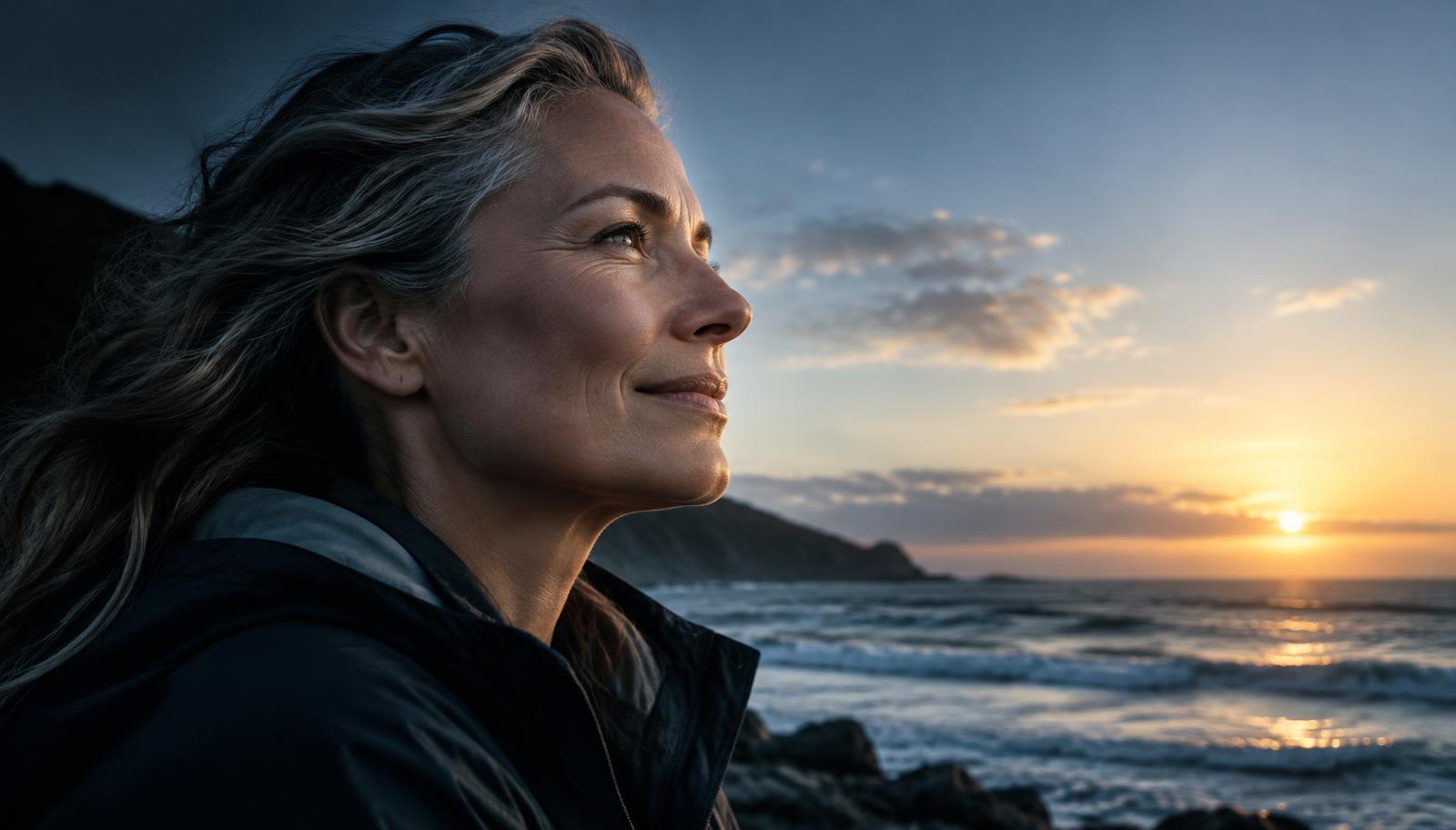 Woman looking toward an ocean sunrise